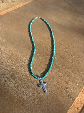 AAA Turquoise Beaded Necklace with Sterling Silver Cross| Minimalist Layering
